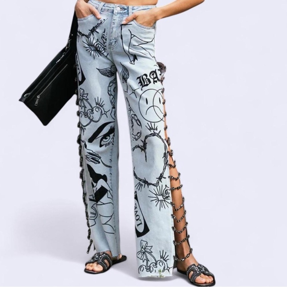 AKIRA Label Dripping In Diamonds Graphic Relaxed Jeans